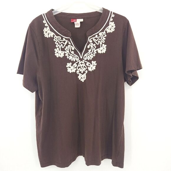 JM Woman Blouse Top Womens Plus Size 3X Brown Embroidered Short Sleeve Knit Boho - Picture 1 of 7
